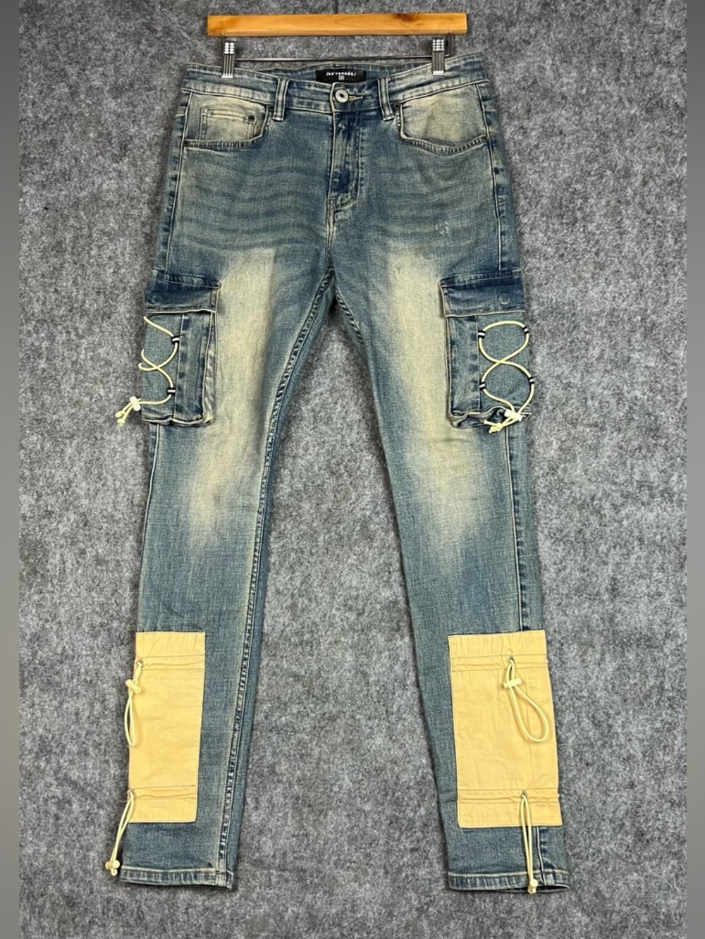 Serenade blue cargo jeans with yellow accents Size 32x32 #cargo #denim